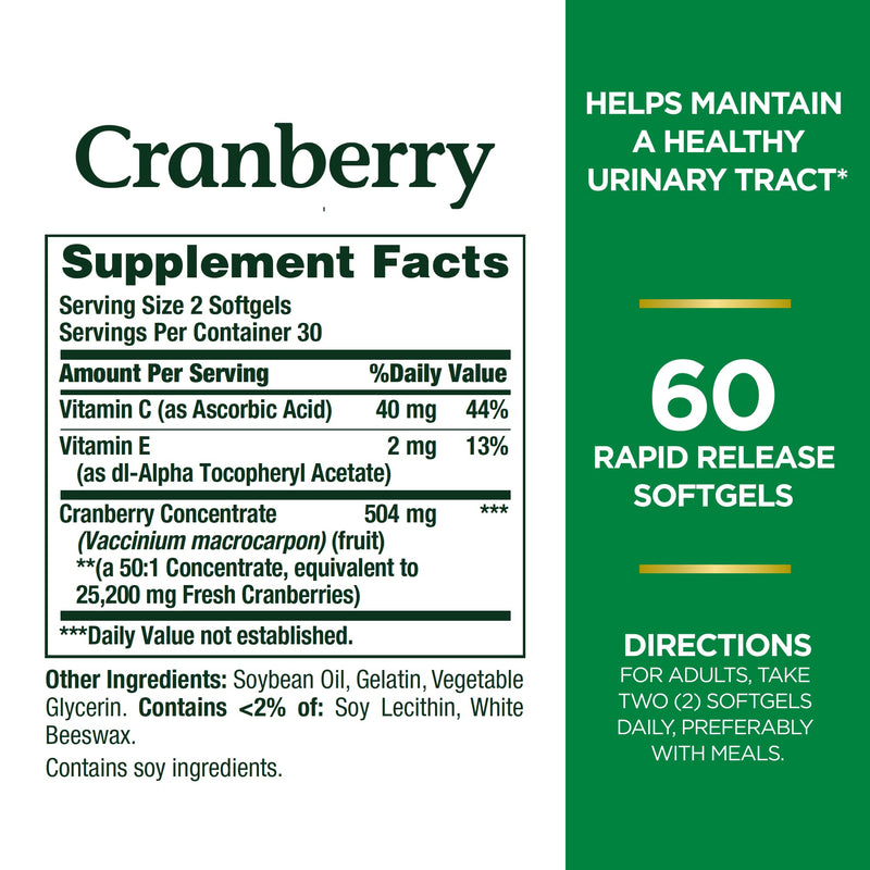 [Australia] - Nature's Bounty Cranberry Dietary Supplement, Supports Urinary Tract and Immune Health, Softgels, 25,200 Mg, 60 Ct Unflavoured 60 Count (Pack of 1) 