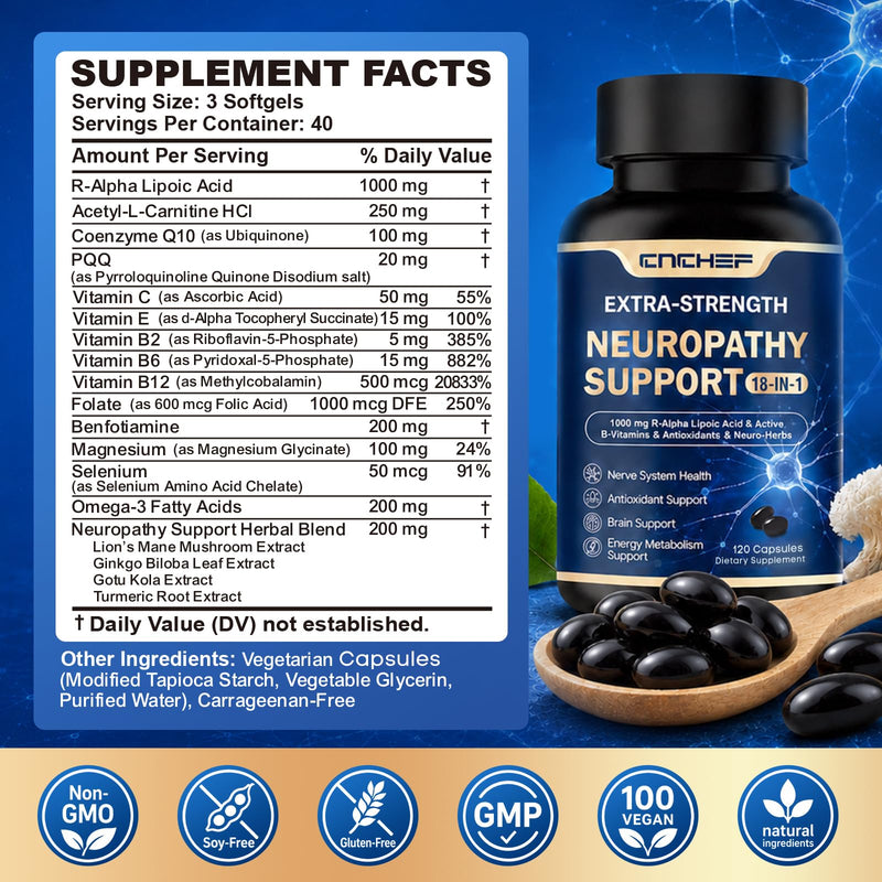 Neuropathy Support Nerve Supplement – 1000mg Advanced R-Alpha Lipoic Acid, L-Carnitine, Benfotiamine, PQQ,CoQ10,Magnesium & B-Complex for Nerve Health,Antioxidant & Cellular Energy,Vegan 120 Capsules 120 Count (Pack of 1)