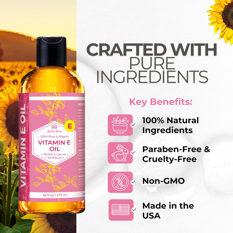 Leven Rose Bulk Vitamin E Oil 75,000 IU per oz 100% Natural, Organic, Pure Vitamin E Oil for Skin, Face, Hair, and Nails, 16 oz 16 Fl Oz (Pack of 1)