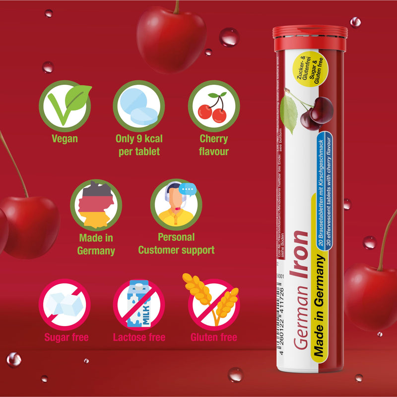 German Iron Drink Effervescent Tablets 140 Servings - Cherry Flavour – 14 mg Iron, Sugar Free, Vegan – T&D Pharma – Made in Germany 140 count (Pack of 1)