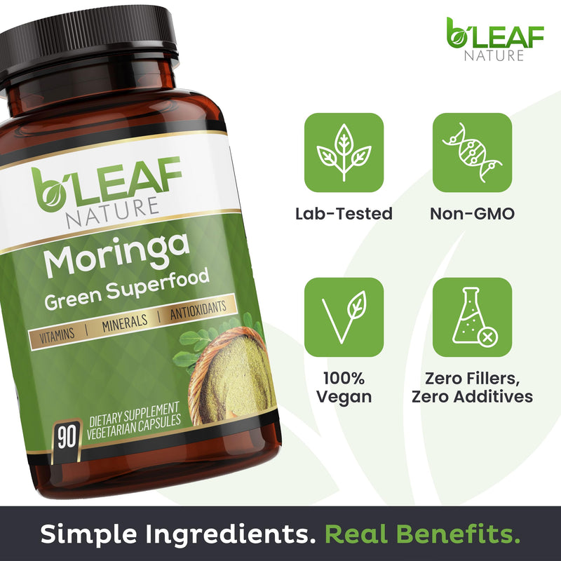 B'LEAF NATURE Moringa Leaf Vegan Capsules 1000mg Servings, 90 Count | Pure Moringa Oleifera Leaf Powder, Energy & Immune Support, Non-GMO Gluten Free Vegan, Superfood 90 Count (Pack of 1)