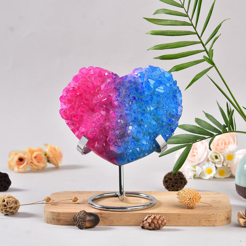 JIC Gem Big Titanium Coated Heart Shape Crystal Cluster Geode Red Blue Crystal Cluster Rock Geode Heart Gemstones with Stand Energy Balance Reiki Wicca Decor 3.93-4.33 inch