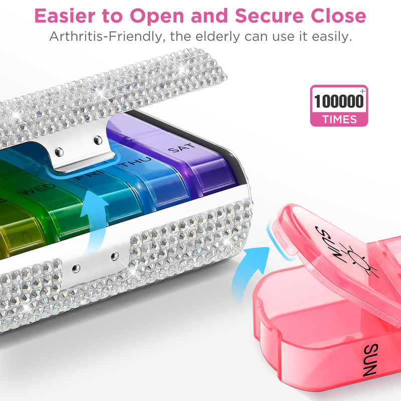 Zannaki Bling Metal XL Weekly Pill Organizer 2 Times a Day, Large Travel Daily Pill Box 7 Day, Portable Week Twice Pill Holder Container, AM PM Pill Case for Medicine Vitamin Medication Supplement Bling Silver