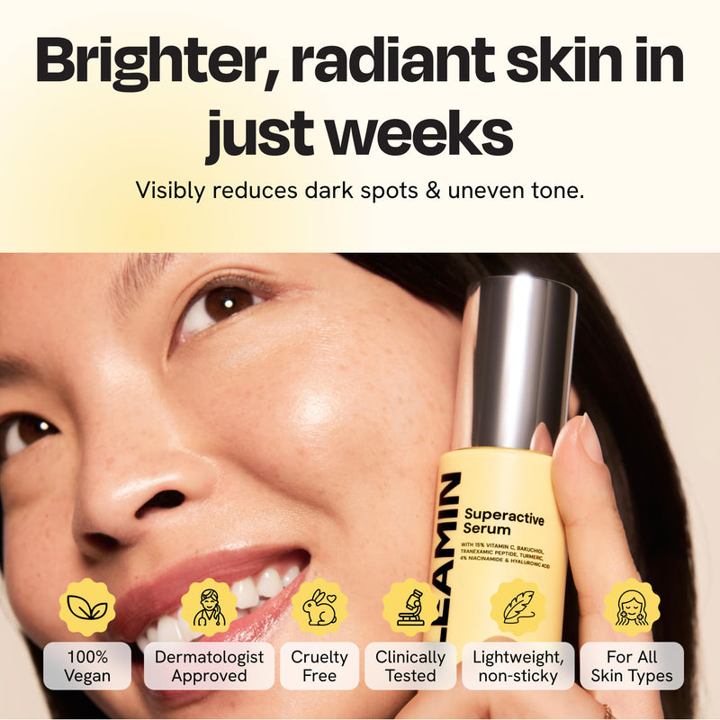 Gleamin Superactive Vitamin C Serum for Face, 1 fl oz, 15% Vitamin C | with Niacinamide, Bakuchiol & Hyaluronic Acid - Brightening Facial Treatment for Uneven Tone, Dark Spots & Radiant Glow