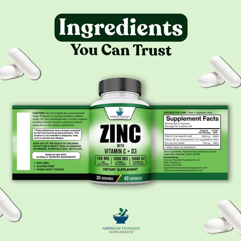 American Standard Supplements Zinc 100mg, Vitamin C 1000mg, and Vitamin D3 5000 IU (125mcg) Per Serving - Gluten Free, Non-GMO, 60 Capsules, 30 Servings 60 Count (Pack of 1)