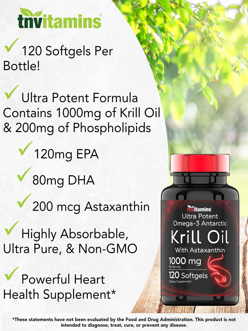 [Australia] - Antarctic Krill Oil 1000mg x 120 Softgels with Astaxanthin | 1000mg Red Krill Oil, 200 mg Phospholipids, 120 mg EPA, 80 mg DHA, 200 mcg Astaxanthin | Potent & Pure Omega-3 Cold Water Antarctic Krill 