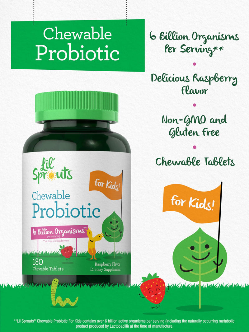 Carlyle Chewable Probiotics for Kids | 180 Tablets | 6 Billion CFUs | Raspberry Flavor | Non-GMO & Gluten Free Supplement | by Lil' Sprouts 180 Count ( Pack of 1)