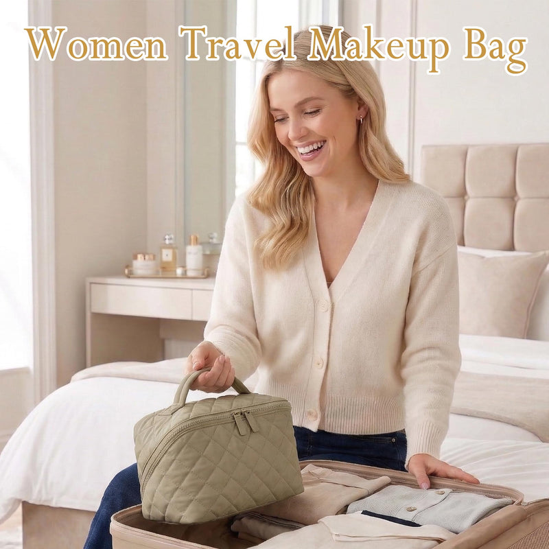 Women Cotton Cosmetic Bag,2PCS/Set Travel Makeup Bag, Large Capacity Cosmetic Bags for Women, Portable Open Flat Toiletry Bags,Makeup Organizer Bag with PVC Mini Wallet Purse, (Khaki) Khaki