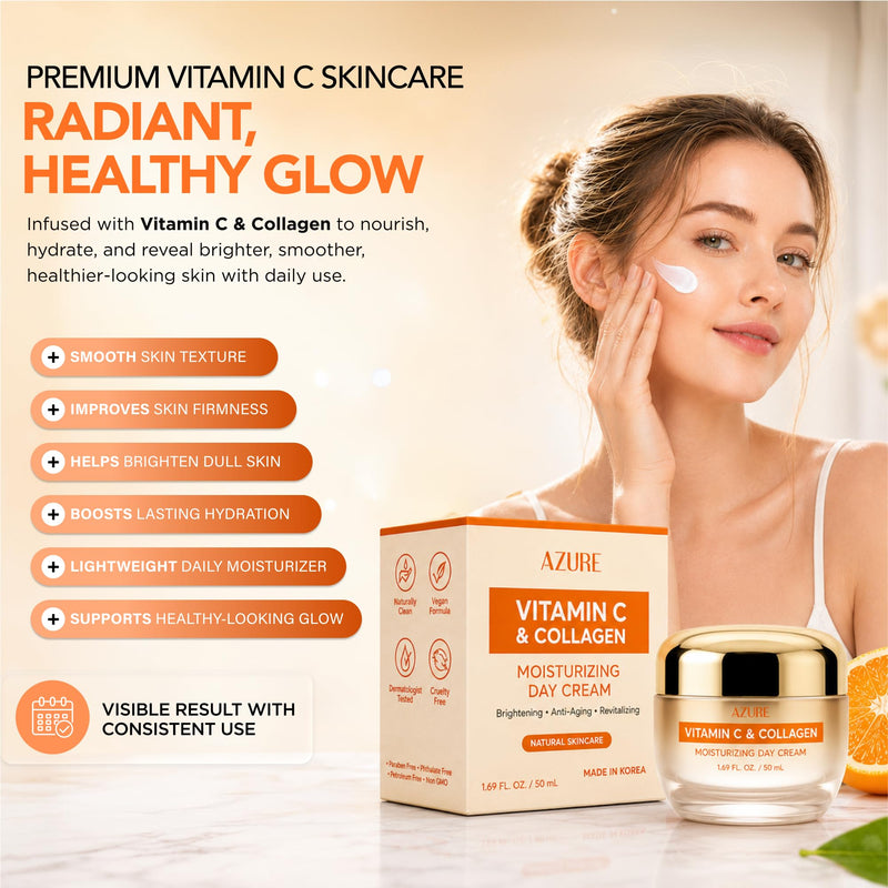 Vitamin C Face Cream with Collagen, Brightening Moisturizer, 1.69 Fl Oz | Dermatologist Tested, Anti-Aging, Korean Skin Care - Deep Hydration, Firm Feel & Antioxidant Support - Clean Beauty, Vegan Vitamin C & Collagen