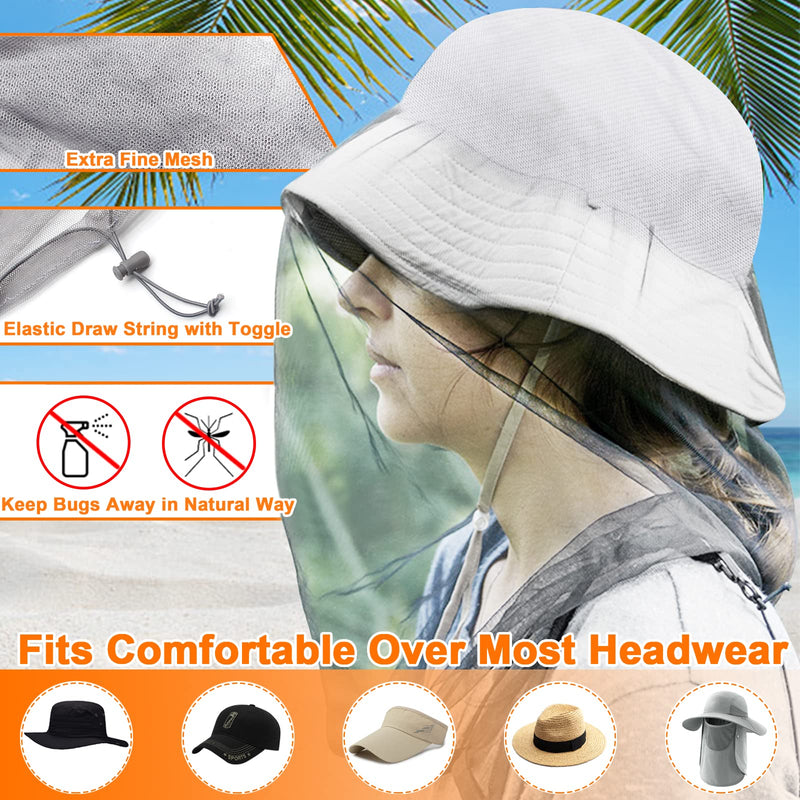 [Australia] - Benvo Mosquito Head Net Mesh, Face Neck Fly Netting Hood from Bugs Gnats Noseeums Screen Net for Any Outdoor Lover- with Carry Bags Fits Most Sizes of Hats Caps (2pcs, Grey, Updated Big Net) Gray 