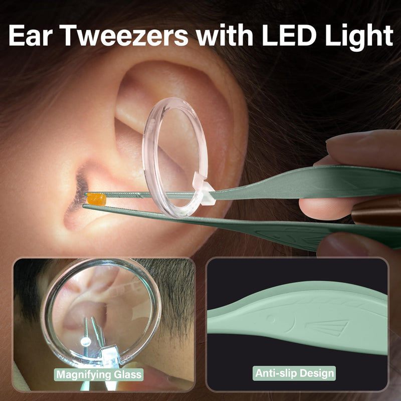 [Australia] - POZILAN Ear Cleaning Kit with LED Light - 15 Pack Ear Wax Removal Kit for Kids and Adults, Earwax Spoon Digger & Tweezers for Ear Cleaning Tool Present SetÔºàGreenÔºâ Green 