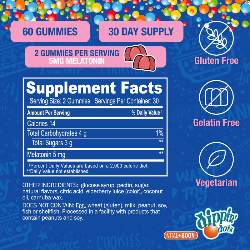 Dippin' Dots Kids Melatonin Gummies, Natural Sleep Aid, 2.5mg (60 Ct) | Strawberry Sunset Creme sleep aid gummies for kids & adults; vegetarian, easy nightly melatonin gummy chew for bedtime. 60 Count (Pack of 1) Gummy - 5 mg/serving