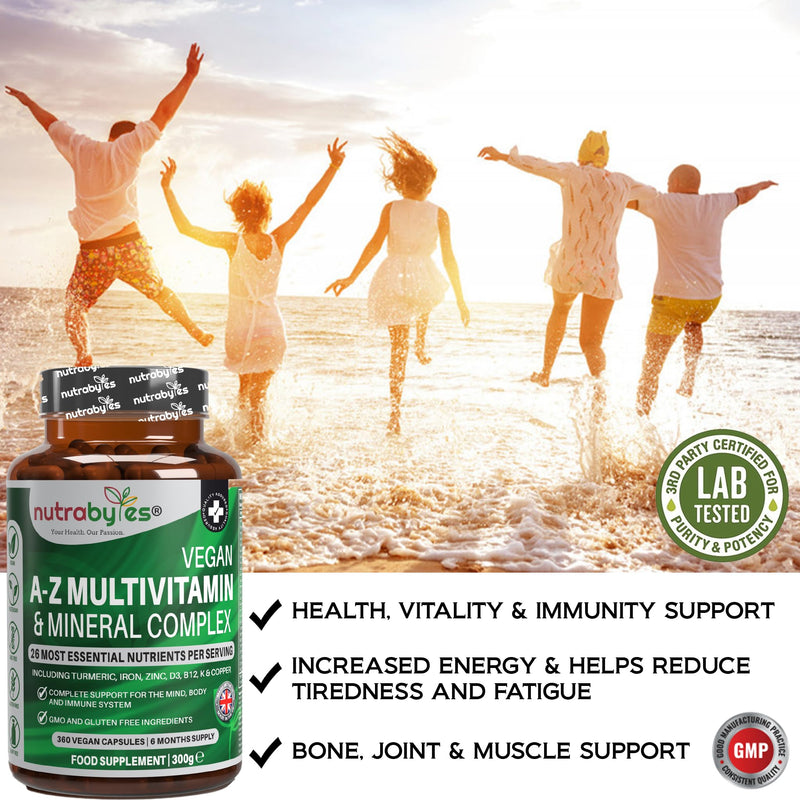 Nutrabytes Vegan A-Z Multivitamin & Mineral Complex, 360 Capsules | 26 Essential Vitamins & Minerals Plant Based Supplement with Turmeric, Iron, Folic Acid and Zinc | 6 Months | UK Made