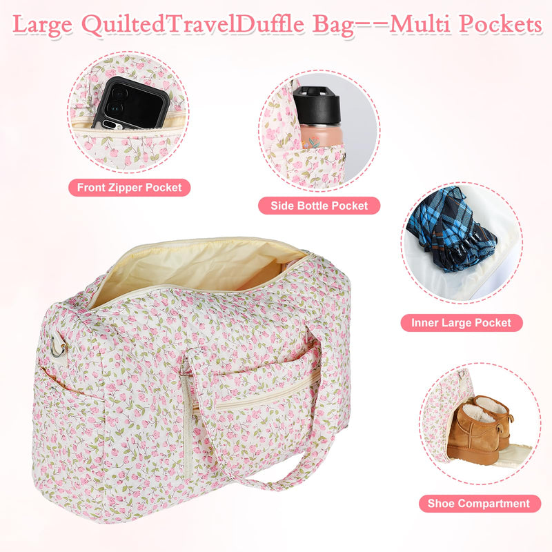 Floral Quilted Duffle Bag, Weekender Bag with Makeup Pouch Women | Floral Quilted Duffle Bag for Women, Spacious Weekender Travel Bag with Separate Shoe Compartment and Multi Pockets Pink flowers-1