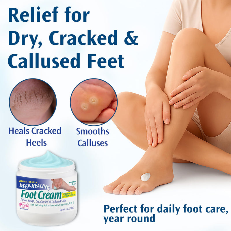 PediFix Deep-Healing Moisturizing Foot Cream, Vitamins A, D & E, 4 oz | Mineral oil and vitamins A, D and E moisturize dry feet and cracked heels. Concentrated cream absorbs without greasy residue. 4 Ounce (Pack of 1)