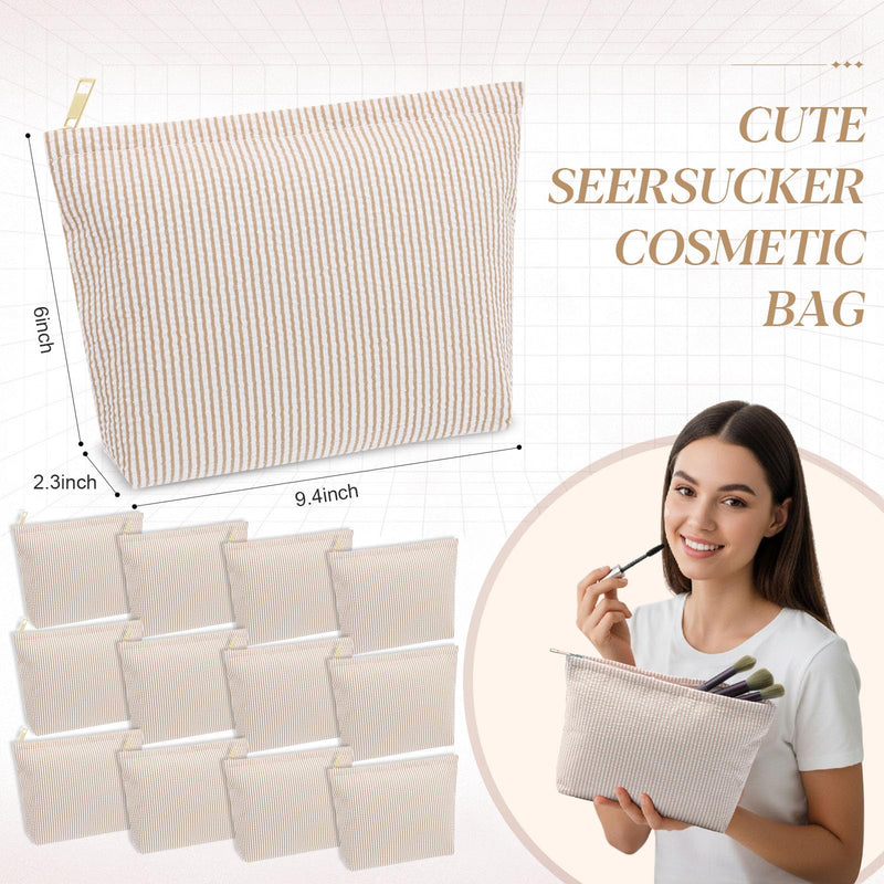 Sanwuta 12 Pcs Seersucker Makeup Bag for Women Stripe Cosmetic Bag Bulk Travel Toiletry Organizer Preppy Storage Pouch Zipper Purse Gifts for Wedding Bridesmaid Mom (Khaki) Khaki