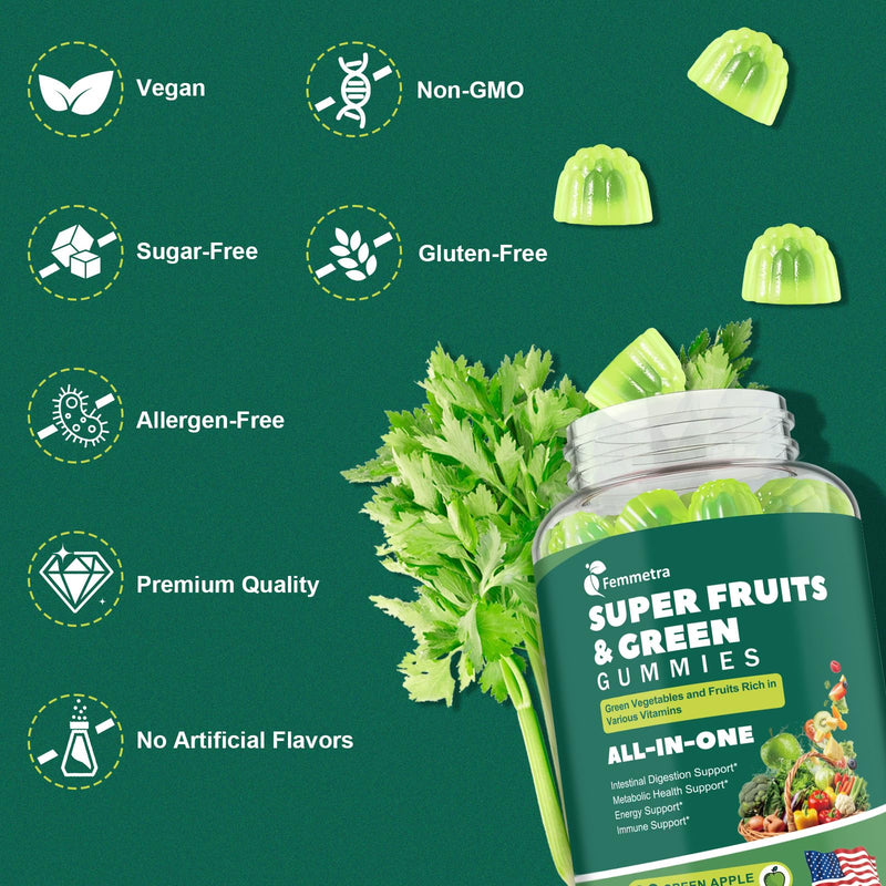[Australia] - 61-in-1 Supergreens Daily Gummies for Women and Men, Multivitamin Superfood Gummy with Probiotics for Metabolic, Energy, and Digestive Health, Sugar Free, Green Apple Flavor, 60 Count 