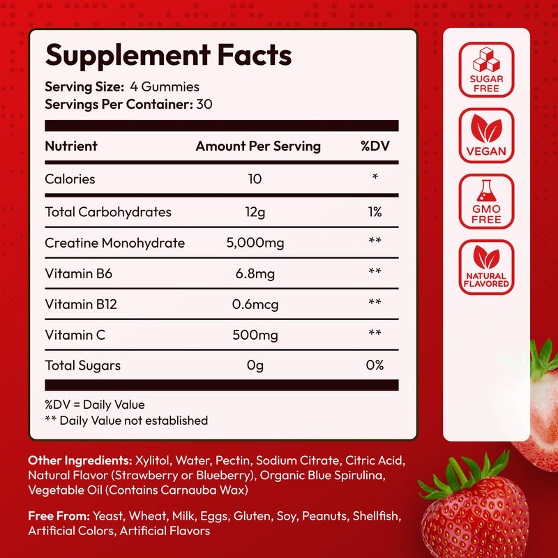 Sugar Free Creatine Monohydrate Gummies 5g Per Serving - 120 Monohydrate Creatine Gummies Advanced Complex with Vitamin C + Vitamin B12 for Muscle Strength, Energy Boost, Pre-Workout Gummy Strawberry 120 Count (Pack of 1)
