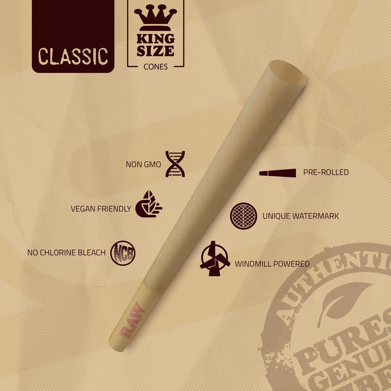 [Australia] - RAW Cones Classic King Size | 50 Pack | Natural Pre Rolled Rolling Paper with Tips & Packing Tubes Included 