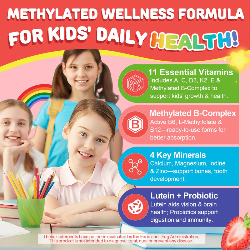 Vitamins for Kids 4+, Methylated Multivitamin Gummies w/Calcium, Probiotics | Methylfolate, Methyl B12, B6, Vitamin A, D3 K2, C, E, Zinc, Magnesium for Immunity, Bone, Growth, Energy, Sugar Free, 120 Cts 60 Count (Pack of 2)