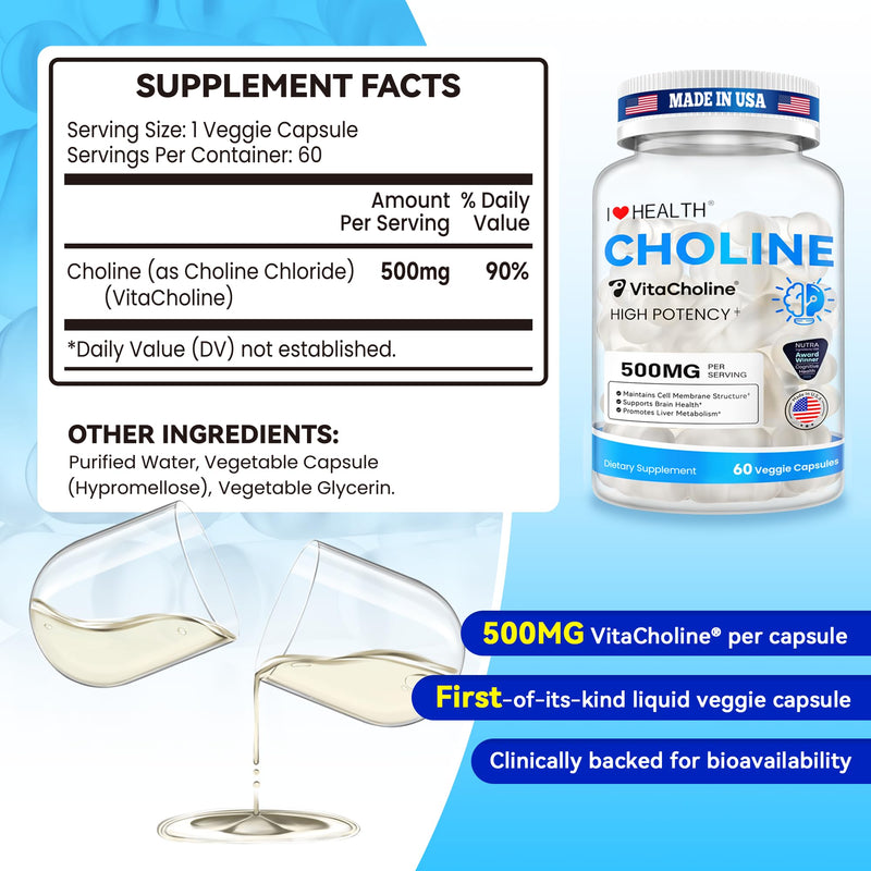 Award Winner -Clinically Dosed 500mg VitaCholine ® - 60 Caps - Liquid Choline Supplement –Support Pregnancy & Baby Brain & Liver Health LDL & HDL Level - Cognitive Health - Made in USA