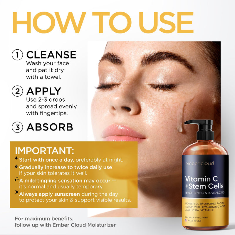 Vitamin C Serum for Face with Stem Cells & Hyaluronic Acid 8 Oz | Anti-Aging, Brightening, Hydrating Face Serum for All Skin Types, Cruelty Free, Made in USA, with Aloe Vera & Vitamin E Vitamin C Stem Cell 8 Fl Oz (Pack of 1)