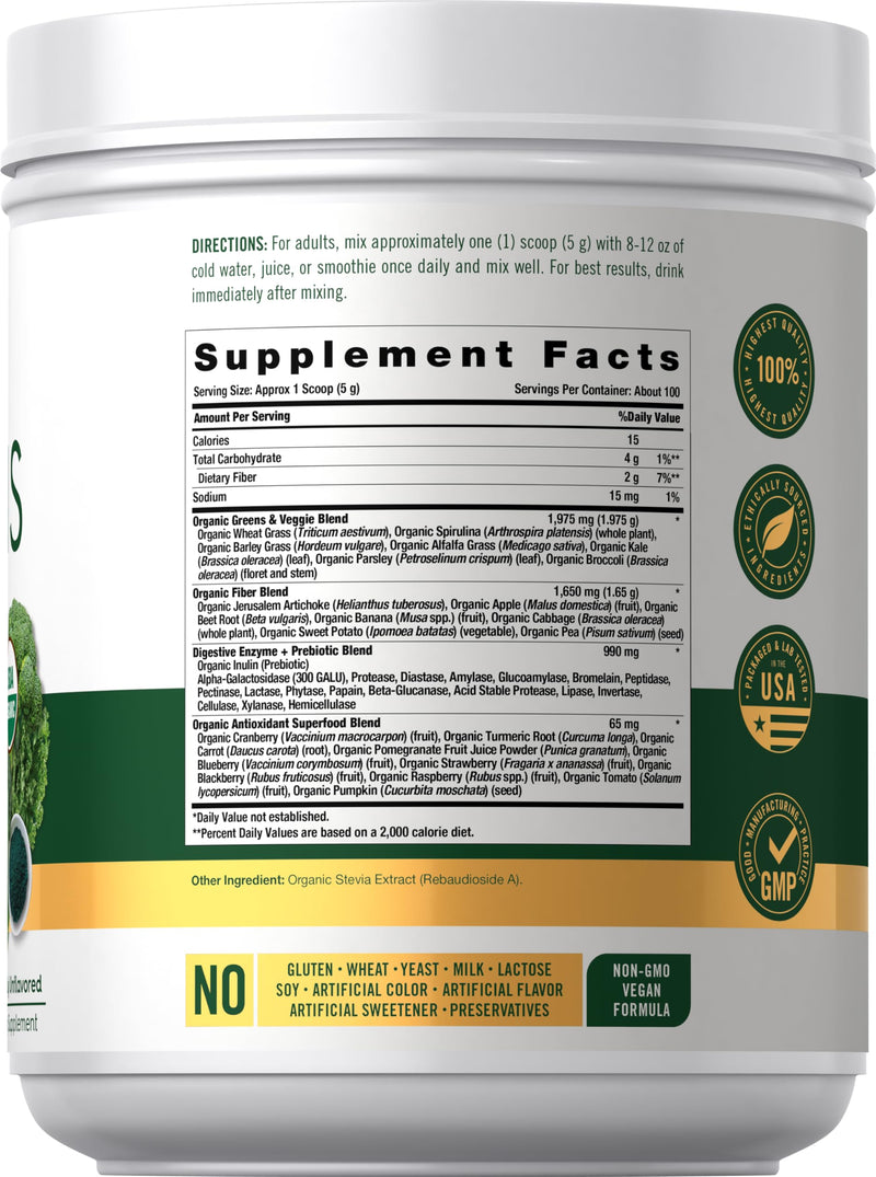 Carlyle Organic Greens Powder | 17.6 oz Supplement | For Occasional Gas, Discomfort & Bloating | 20+ Superfoods, 18 Digestive Enzymes & Prebiotics | Vegan, Non-GMO & Gluten Free