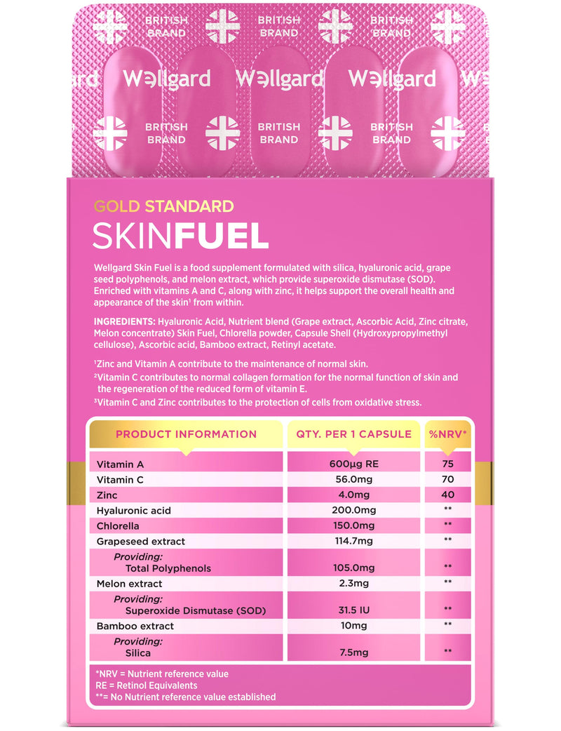 Wellgard Skin Fuel - Hyaluronic Acid, Bamboo Silica, Vitamin C, Zinc, Collagen Support, Vitamins for Skin, Vegan, 30 Capsules
