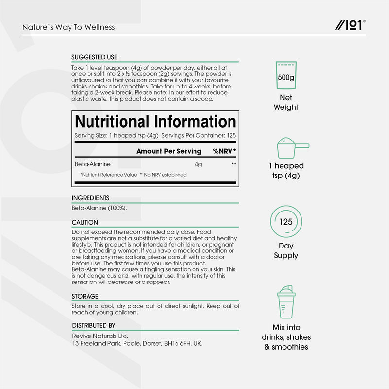 Fermented Beta-Alanine Powder 500g – Unflavoured – Resealable and Recyclable Pouch by Alpha01