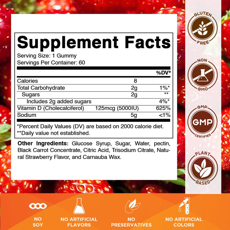 Vitamatic Vitamin D3 Gummies – 5000 IU Per Gummy | 60 Gummies | Vit D3 (Cholecalciferol), Natural Strawberry Flavor, Support Born, Teeth and Immune* Pectin Based, Non-GMO, Gluten Free 60 Count (Pack of 1)