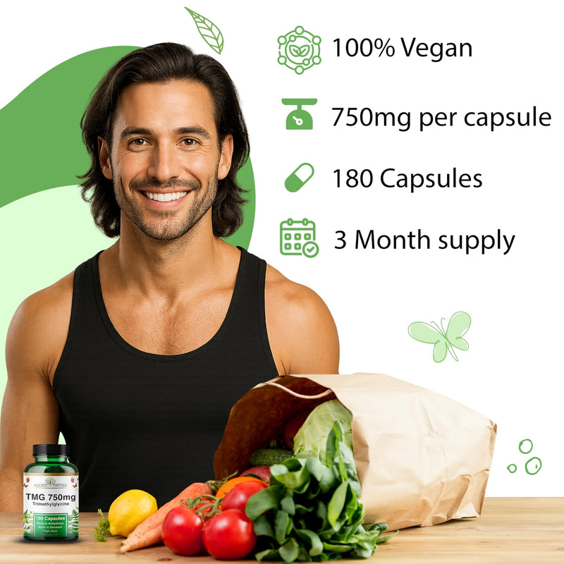 TMG 750mg Trimethylglycine (Betaine) | 180 Vegan Capsules | 99%+ Pure Methyl Donor for Normal Homocysteine Metabolism | High Strength | Lab Tested Supplement | Made in Denmark | Source of Nature