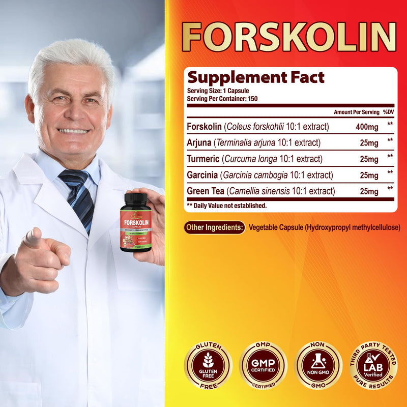 [Australia] - Cadane Forskolin Supplements - 5in1 with Turmeric Curcumin, Arjuna, Garcinia Cambogia, and Green Tea - 5 Month Supply - 150 Capsules 