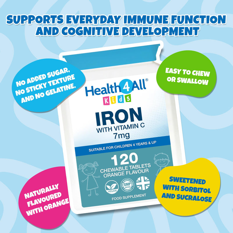 Health4All Kids Iron 120 Chewable Tablets 4 Months Supply, Vegan Sugar-Free Iron Supplement for Children 4+ Supports Learning, Growth & Immune System, Natural Orange Flavour, Made in UK (not Gummies) 120 count (Pack of 1)