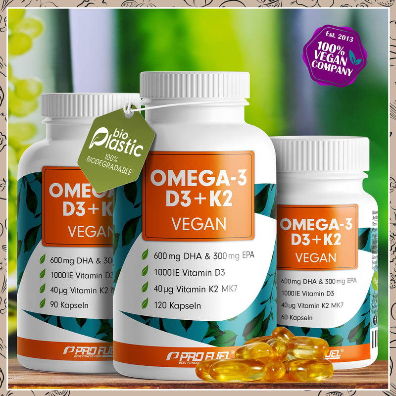 [Australia] - Omega-3 vegan + D3 & K2 (60x), 1100mg algae oil with 600mg DHA & 300mg EPA + 1000 IU vitamin D3 + 40 µg vitamin K2 - O3 D3 K2 Essentials capsules high dosage, bioavailable & laboratory tested 60 pieces (pack of 1) 