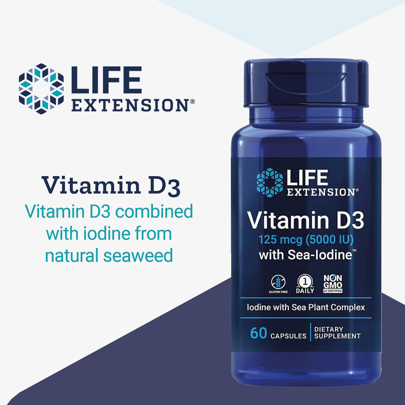 Life Extension, Vitamin D3 125mcg (5000 IU), Depot, One Capsule Every 5 Days, with Sea Iodine, 60 Capsules, Gluten-Free, SOYA-Free, Non-GMO 60 count (Pack of 1)