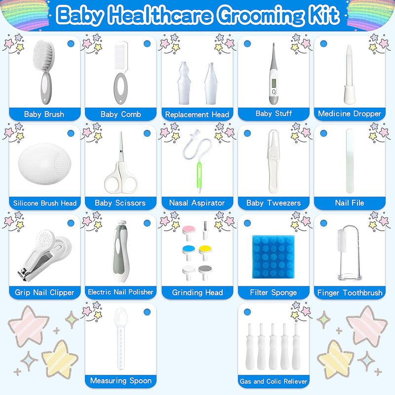 [Australia] - Baby Healthcare and Grooming Kit, 28 in 1 Portable Baby Essentials Kit Electric Nail Trimmer Set with Gas Relief Hair Brush Comb Nasal Aspirator for Newborn Boys Girls (Grey White) 28 Kits-Grey White 