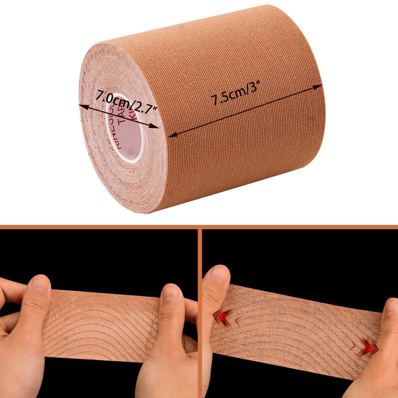3 Pack Kinesiology Tape, Water Resistant Muscle Support Adhesive Sport Tape for Pain Relief, Latex Free Cotton Elastic Athletic Tape for Joints, Knee, Ankle, Shoulder, Wrist - Tan 3in 5.5yd