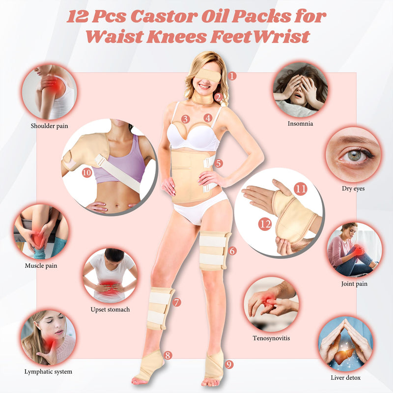 [Australia] - Castor Oil Pack Wrap, 12 Pcs Reusable Castor Oil Pack Kit Organic Cotton for Shoulder Hands Neck Waist Chest Knees and Feet, Adjustable Compress Pads for Entire Body 12pcs Castor Oil Packs 