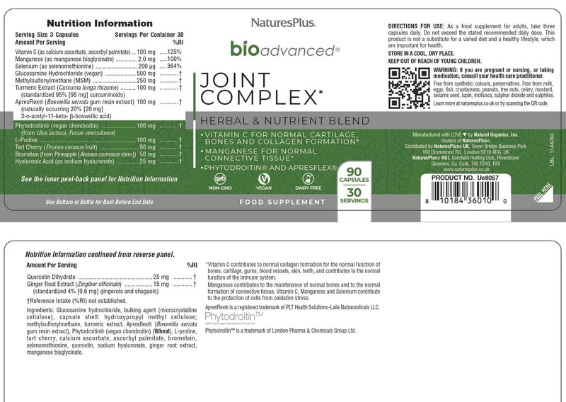 NaturesPlus Bio Advanced Joint Complex - Joints Supplement, Phytodroitin, Vegan Glucosamine, Apres Flex Boswellia, Hyaluronic Acid, MSM, Vitamin C, Manganese - Vegan - 90 Capsules