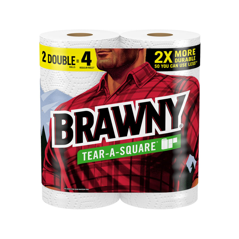 Brawny Tear-A-Square Paper Towels, 2 Double Rolls = 4 Regular Rolls, 3 Sheet Sizes (Quarter, Half, Full), Strength for All Messes, Cleanups, and Meal Prep NEW