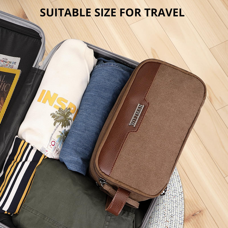 WITZMAN Canvas Toiletry Bag for Men Travel Toiletries Large 7L Dopp Kit | Multi-pockets with Dry-wet Pocket, Side Handle for Hanging, Lightweight, For Daily Use, Bathroom, Make up, A8002 Brown