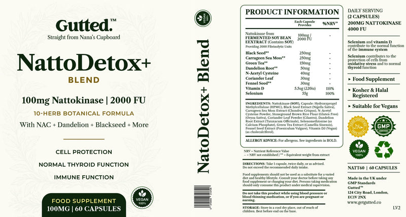 Gutted™ Nattokinase 100mg 2000 FU |High Strength, 60 Capsules,Enzymes | Heart, Blood Pressure & Circulation Support | Vitamin D, Black Seed, Selenium & Dandelion | Non GMO, No Fillers | UK
