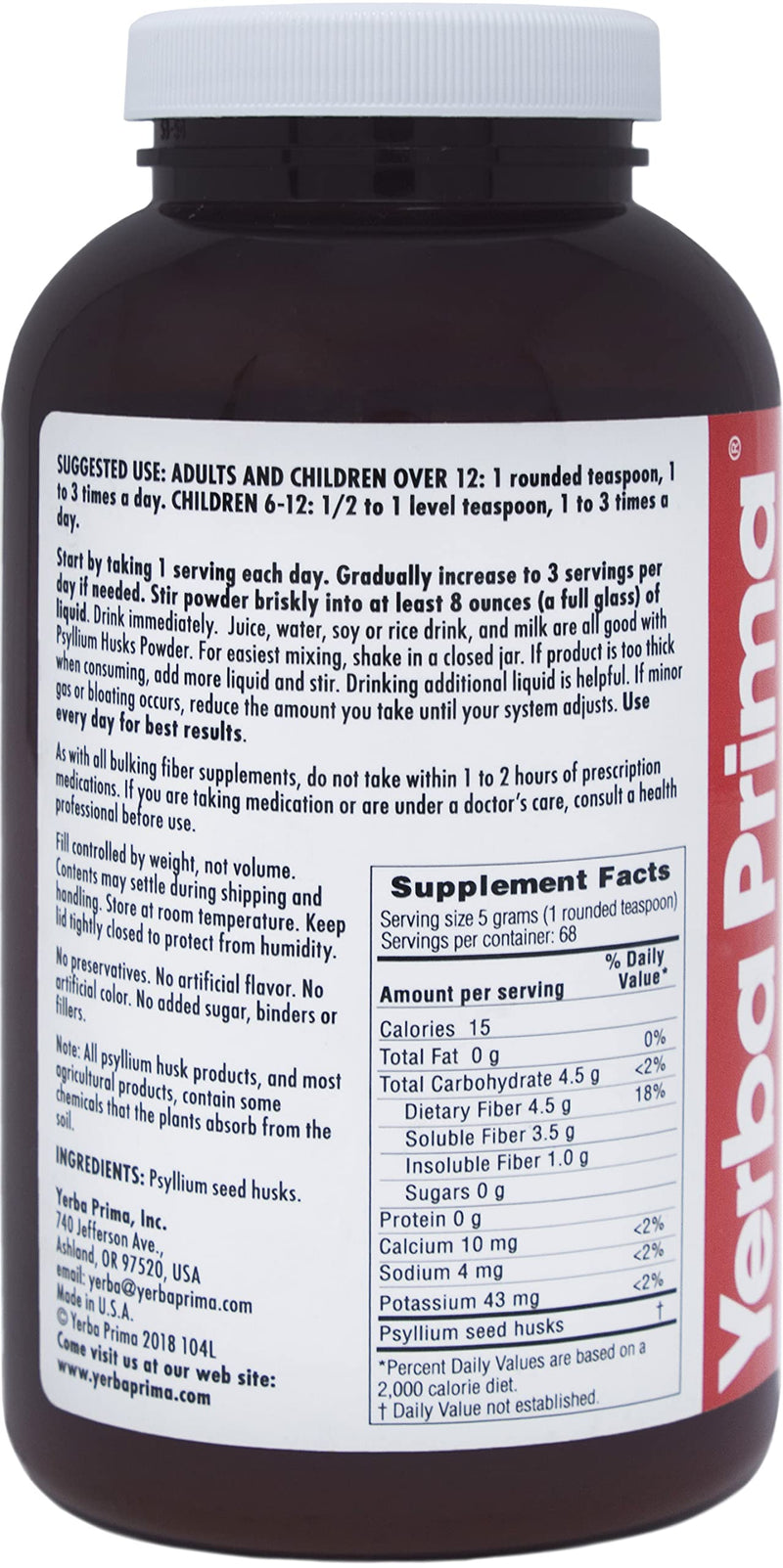 [Australia] - Yerba Prima Psyllium Husks Powder 12 oz - Natural Fiber Supplement - Colon Cleanser - Gut Health - Vegan, Non-GMO, Gluten-Free (New Label - Packaging May Vary) Unflavored 12 Ounce (Pack of 1) 