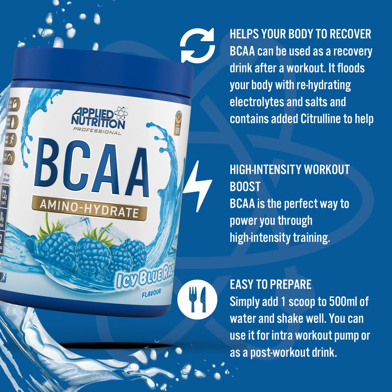 Applied Nutrition Bundle: BCAA Powder 450g + Lifestyle Water Bottle 1000ml | Branched Chain Amino Acids BCAAs Supplement, Intra Workout & Recovery (450g - 32 Servings) (ICY Blue Raz) ICY Blue Raz