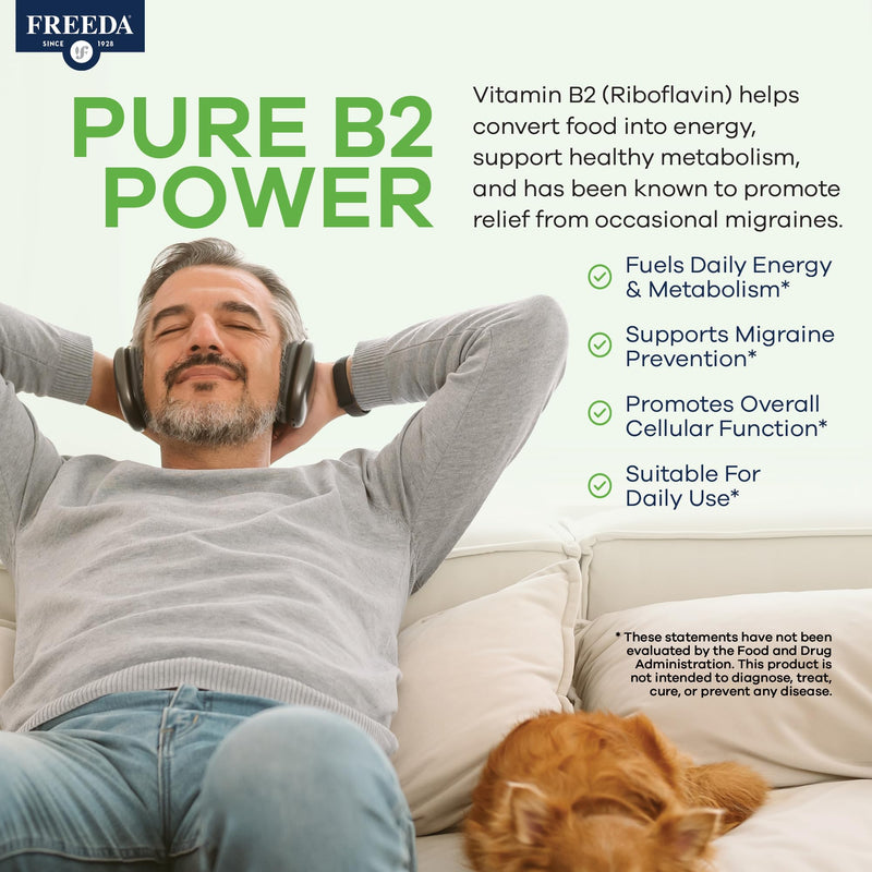 FREEDA Riboflavin Vitamin B2 Supplement - 50mg - 100 Tablets | Vegan & Kosher Riboflavin B2 50mg Tablets - Support Energy, Brain Function, Metabolism, and Nervous System Health