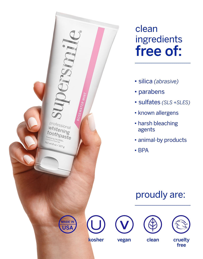 Supersmile Rosewater Mint Whitening Toothpaste, with Fluoride, 8 Oz | Whitens 3 Shades After 1 Day, Moroccan Rosewater + Spearmint Flavor, Veneer Safe, RDA 65, Cavity Protection 8 Ounce (Pack of 1)