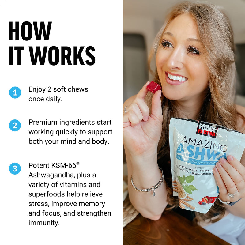 [Australia] - Force Factor Amazing Ashwa for Stress Relief, Memory, Focus, and Immune Support Health, Ashwaganda Supplement with KSM-66 Ashwagandha for Stress, 60 Soft Chews 60 Count (Pack of 1) 
