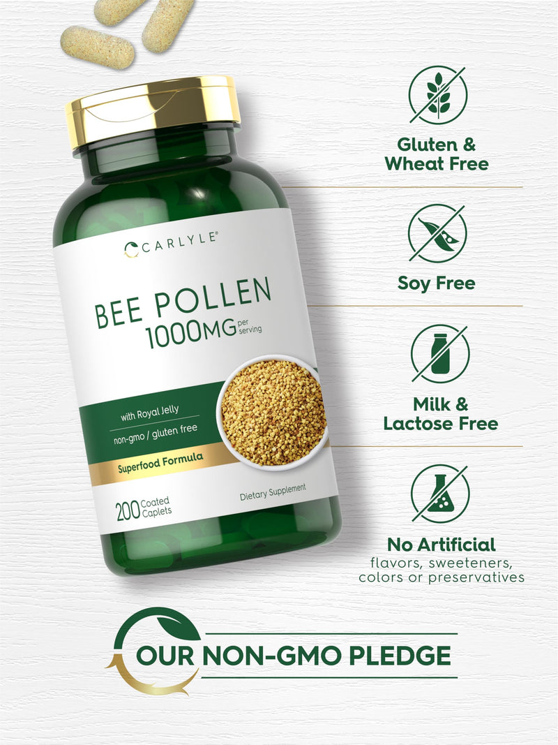 Carlyle Bee Pollen Supplement 1000mg | 200 Caplets | with Royal Jelly and Bee Propolis | Vegetarian, Non-GMO, Gluten Free