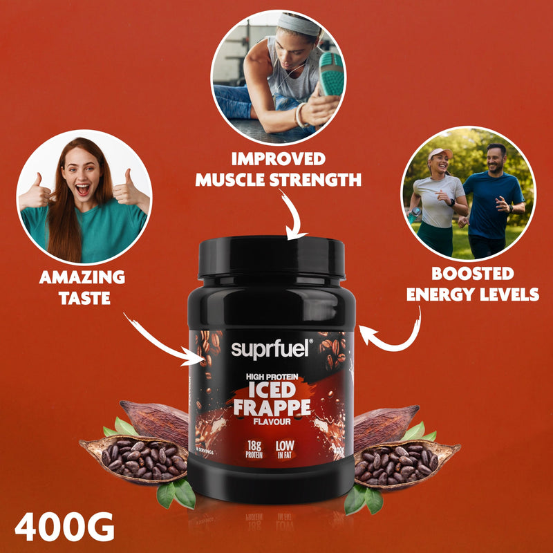 High Protein Coffee Frappe Mix – 400g - 18g Protein, Only 0.5g Fat - Low Calorie, Low Sugar - Instant Iced Frappe Drink Powder with Coffee & Lean Cocoa