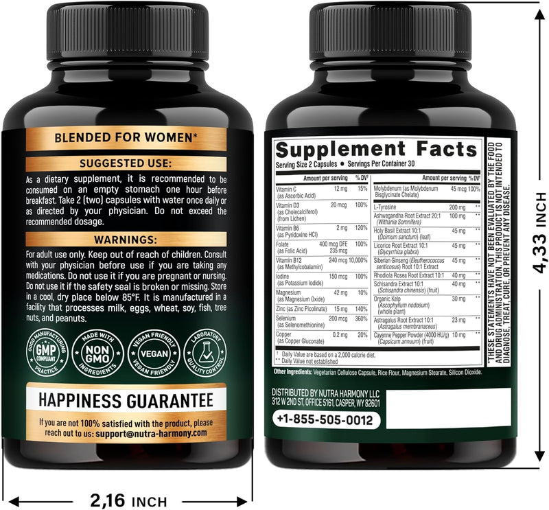 [Australia] - Thyroid Support for Women - Selenium 200 mcg | Zinc & Iodine | L-Tyrosine | Magnesium | Adaptogen Herbs - 20-in-1 Antioxidant & Immune Support - Vegan, NON-GMO, Lab Tested - 60 Capsules, Made in USA 